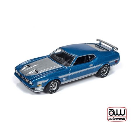 1/64 1972 Ford Mustang Mach 1 modrá/strieborné pruhy (AUTO WORLD)